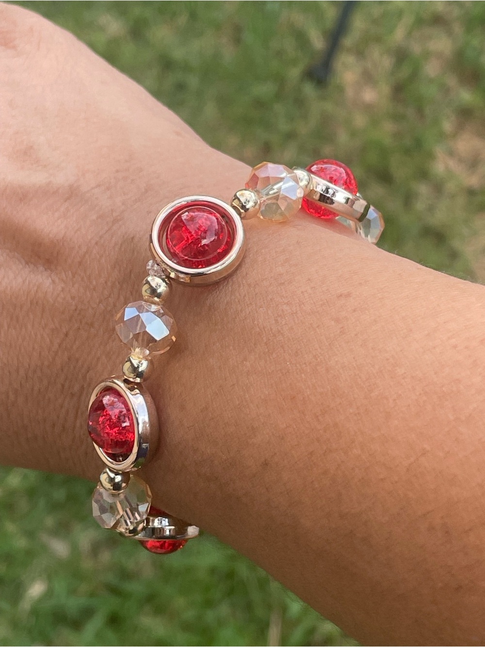 Crystal and gold-Tone Bracelet with Red Cabochons and Clear Faceted Beads
